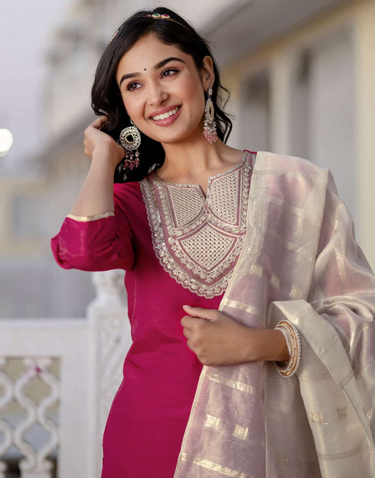 Silk Embroidered Straight Kurta with Pant & Dupatta