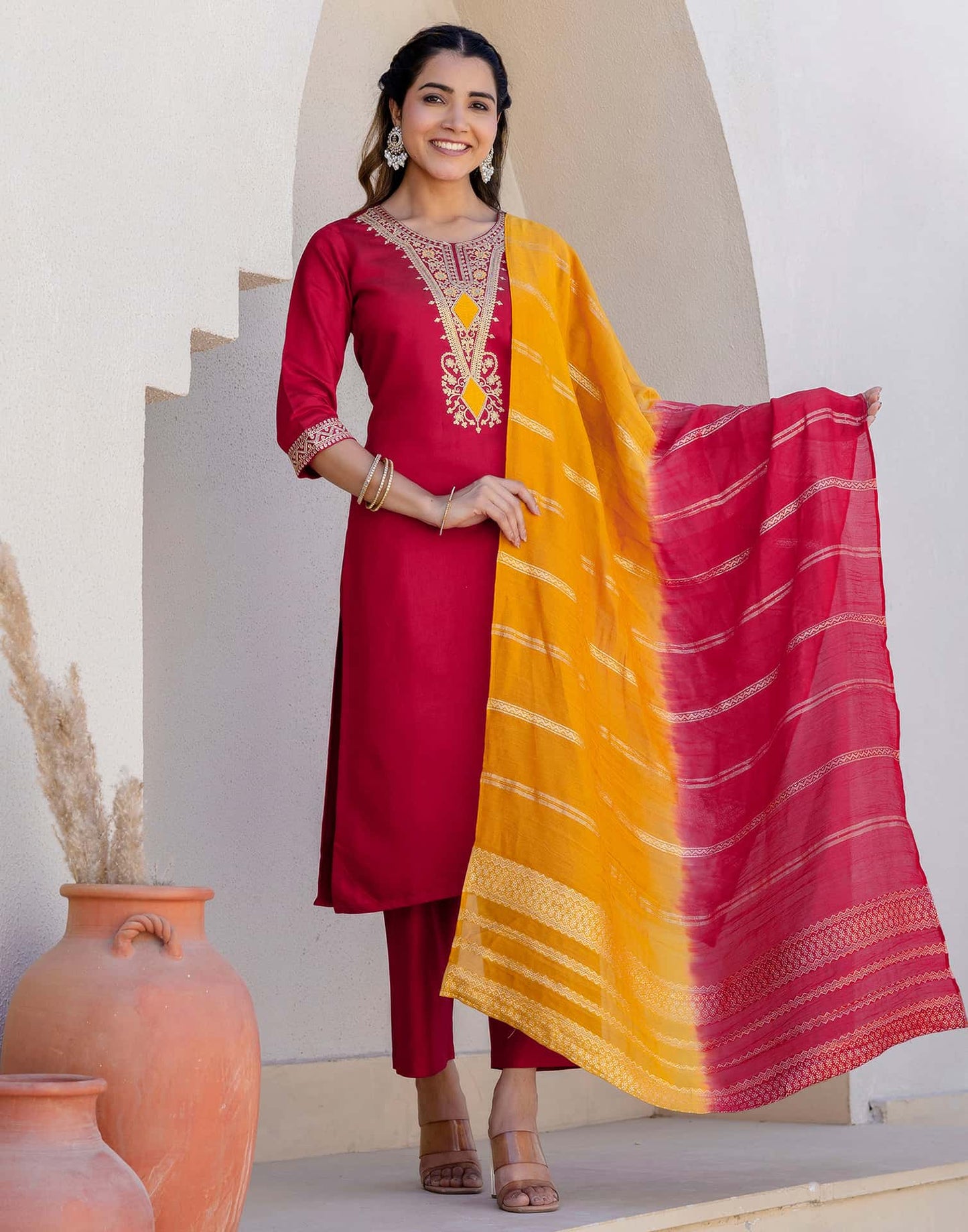 Cotton Blend Embroidery and Sequins Work Straight Kurta with Pant & Dupatta