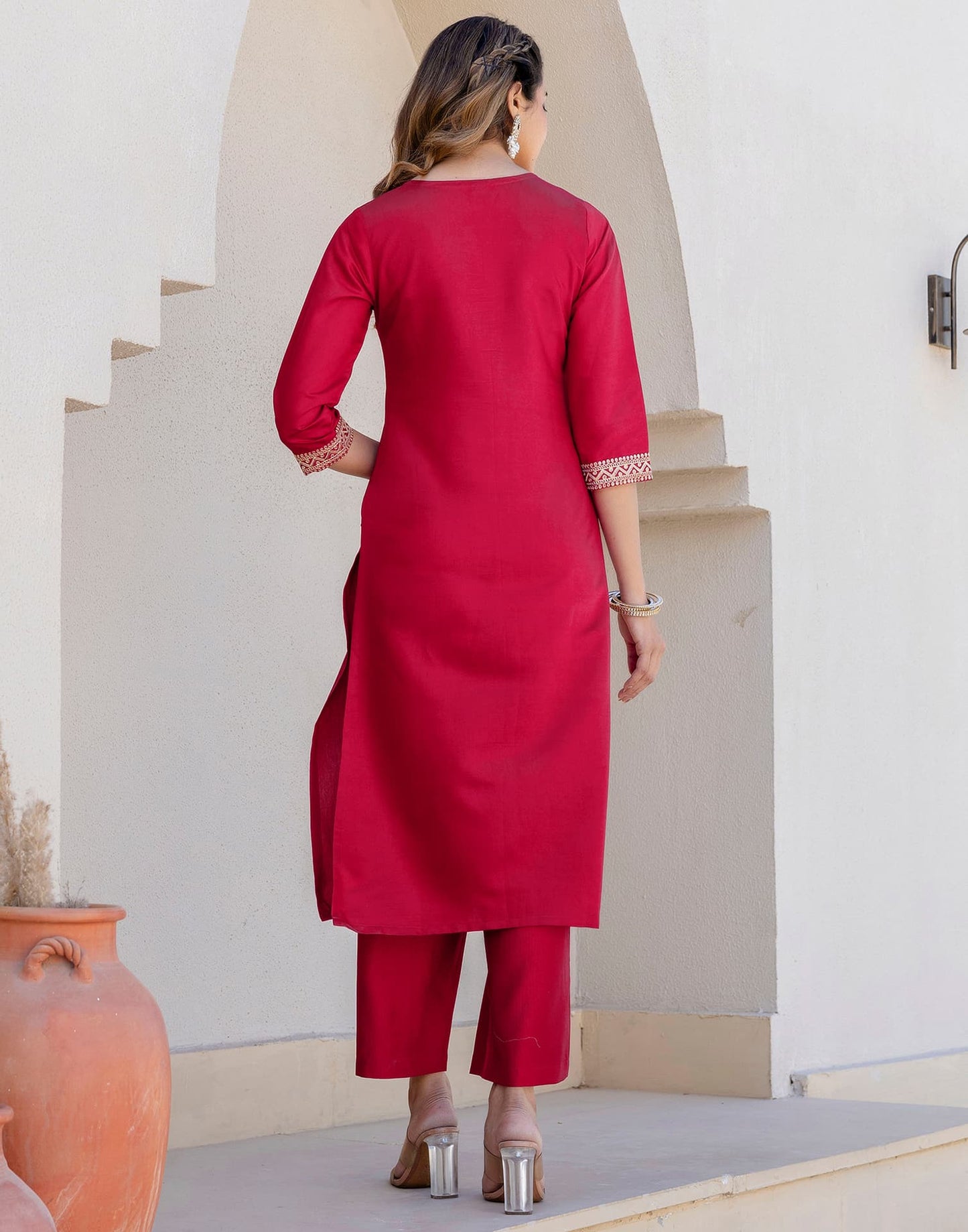 Cotton Blend Embroidery and Sequins Work Straight Kurta with Pant & Dupatta