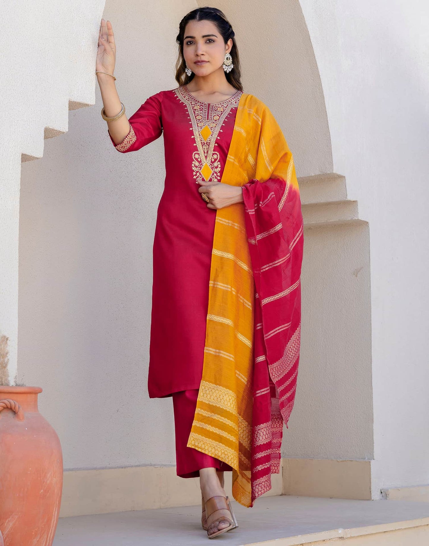 Cotton Blend Embroidery and Sequins Work Straight Kurta with Pant & Dupatta
