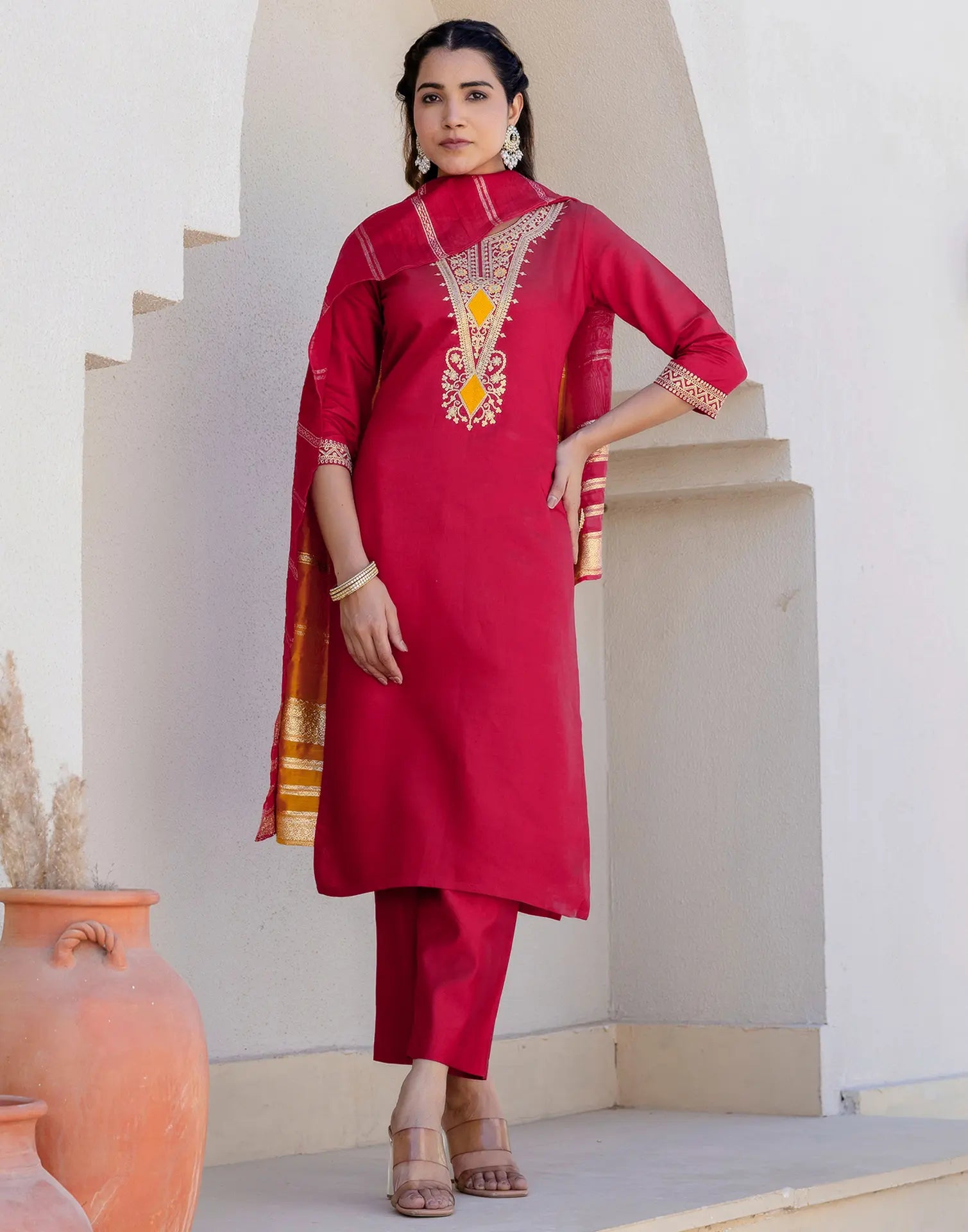 Silk Blend Embroidered Straight 3 Piece Kurta Set