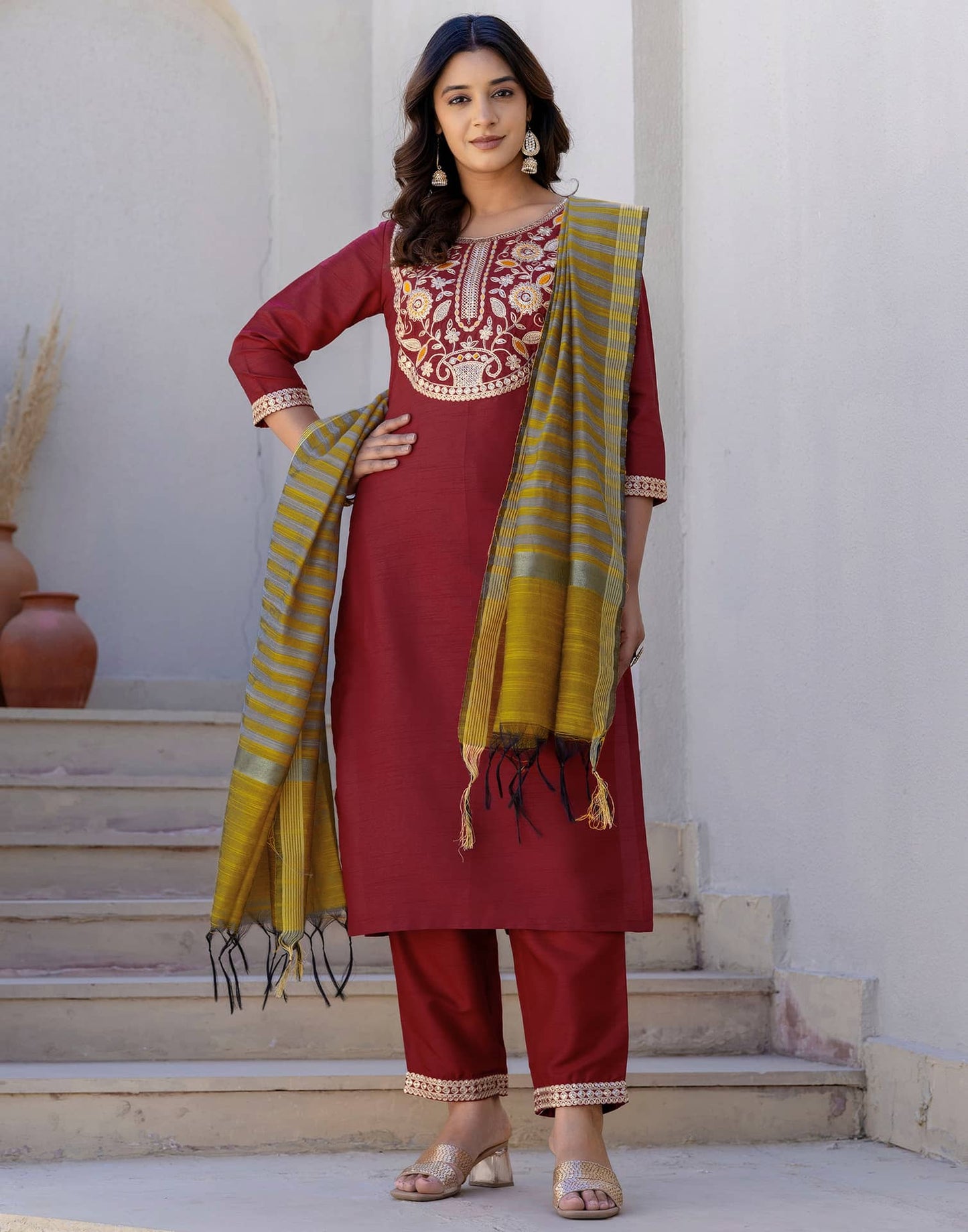 Silk Sequin Work, Embroidery, Embroidery Lace Straight Kurta with Pant & Dupatta