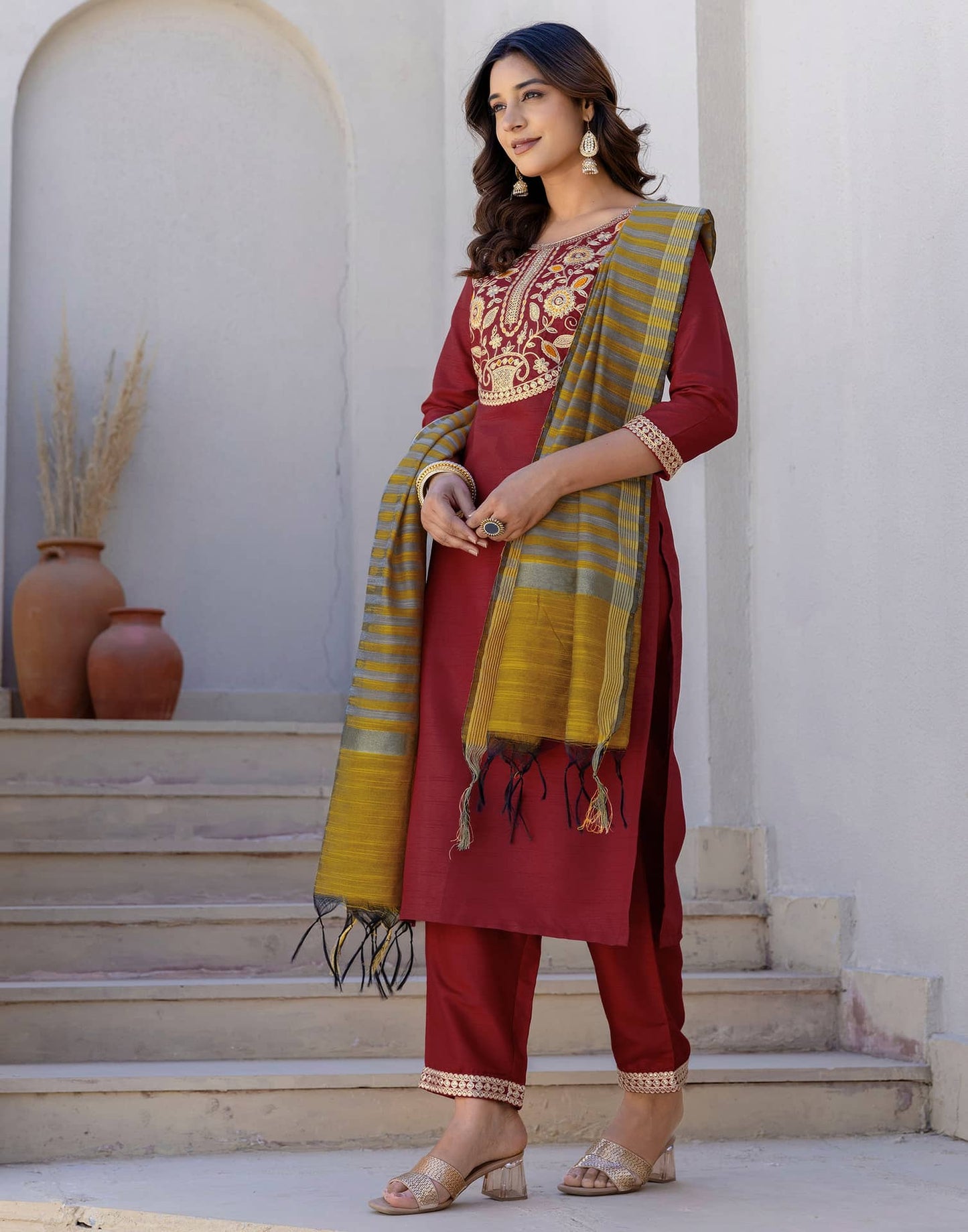 Silk Sequin Work, Embroidery, Embroidery Lace Straight Kurta with Pant & Dupatta