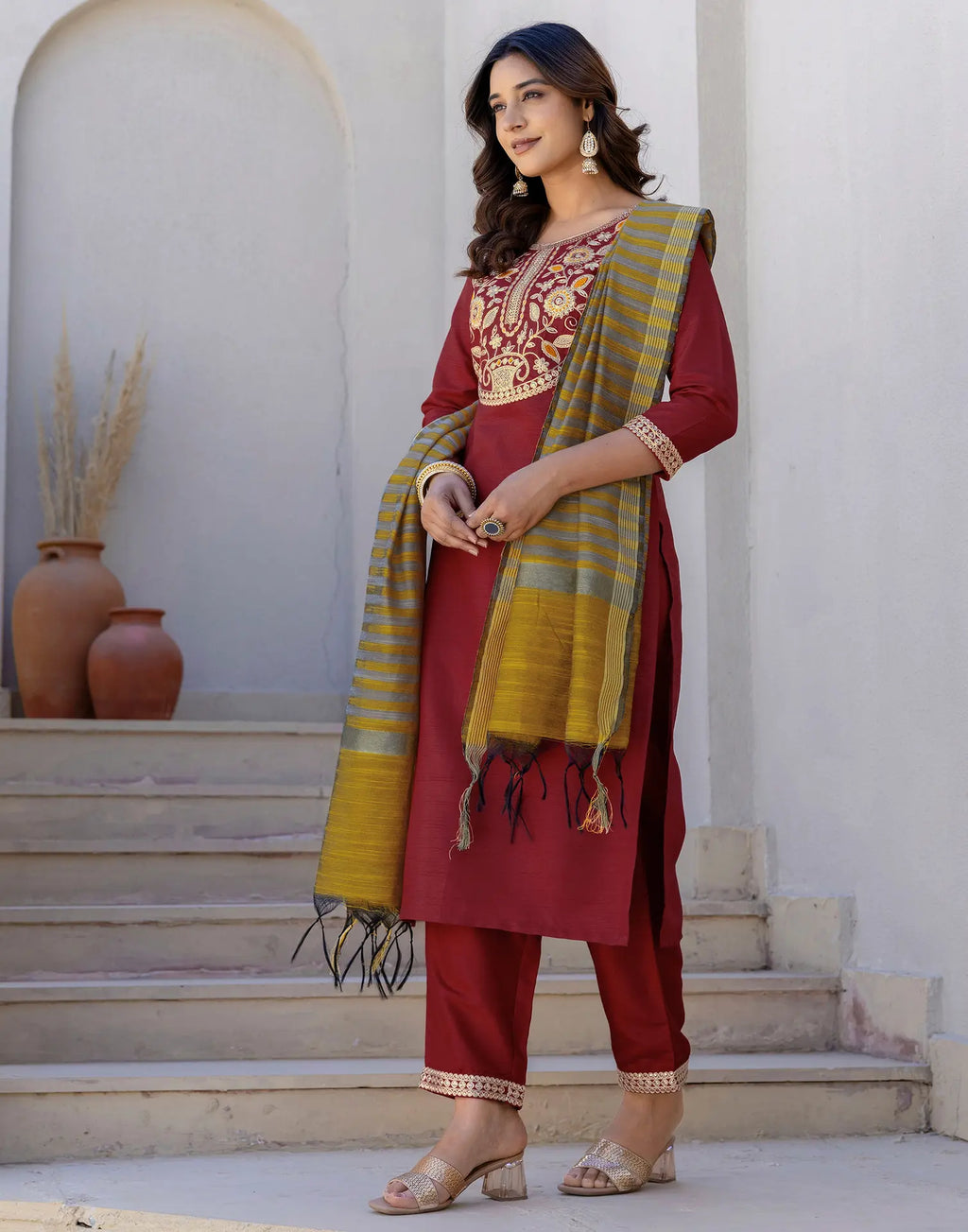 Silk Blend Embroidered Straight 3 Piece Kurta Set