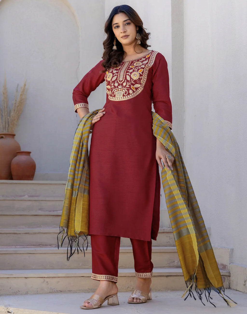 Silk Blend Embroidered Straight 3 Piece Kurta Set