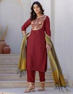 Silk Blend Embroidered Straight 3 Piece Kurta Set