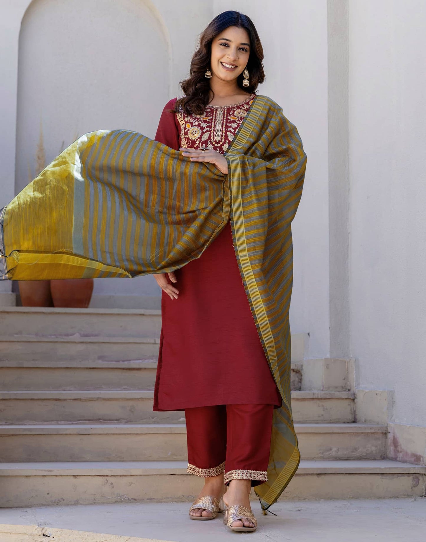 Silk Sequin Work, Embroidery, Embroidery Lace Straight Kurta with Pant & Dupatta