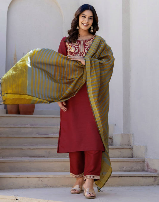 Silk Sequin Work, Embroidery, Embroidery Lace Straight Kurta with Pant & Dupatta