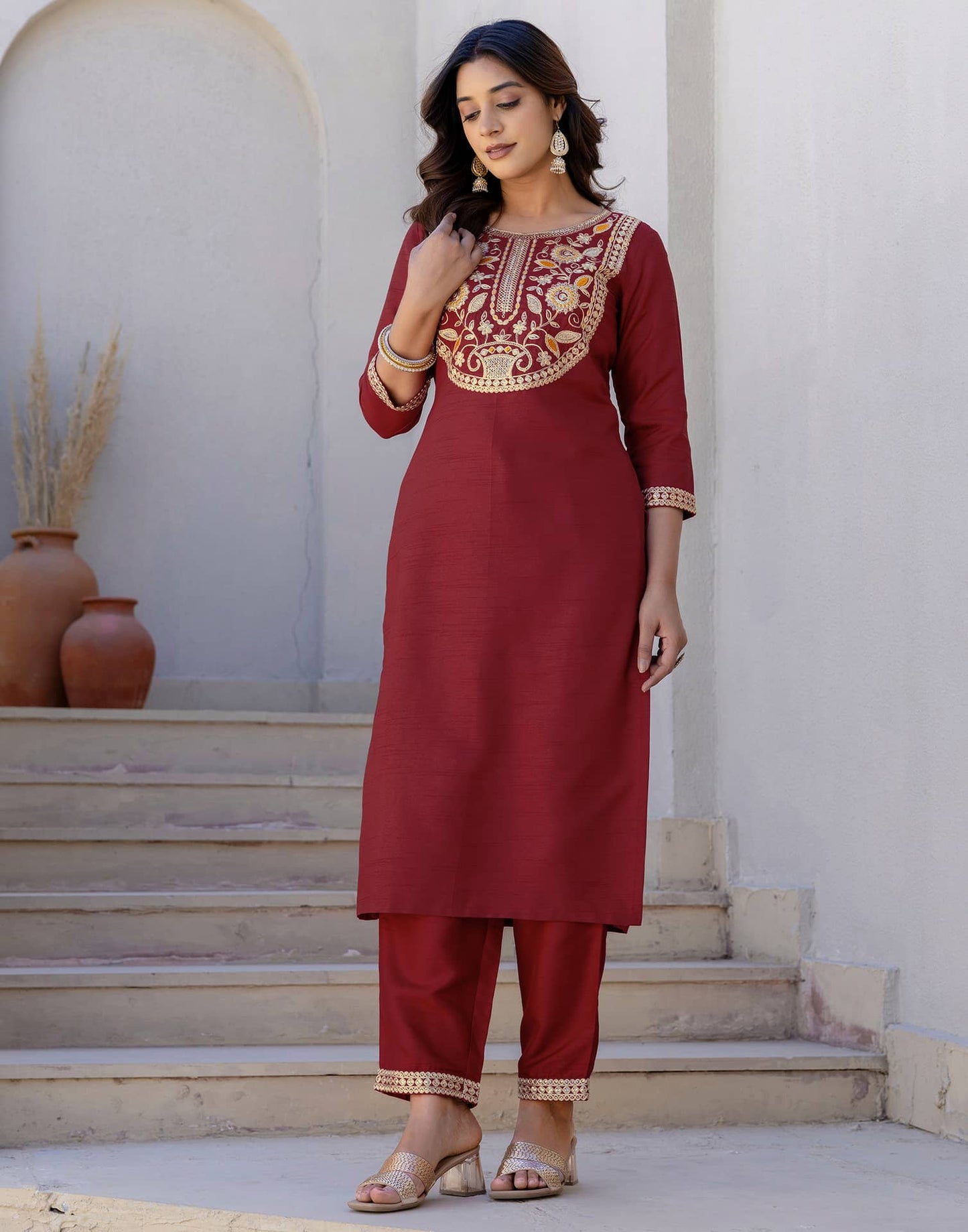Silk Sequin Work, Embroidery, Embroidery Lace Straight Kurta with Pant & Dupatta