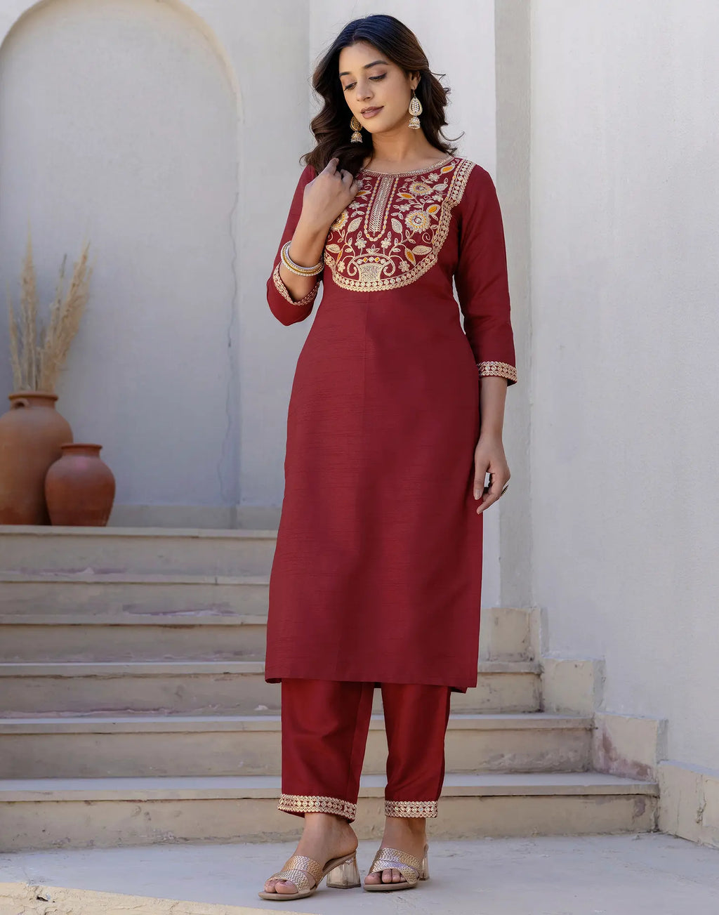 Silk Blend Embroidered Straight 3 Piece Kurta Set