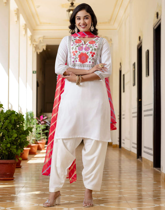 Cotton Embroidered Straight Kurta with Pant & Dupatta