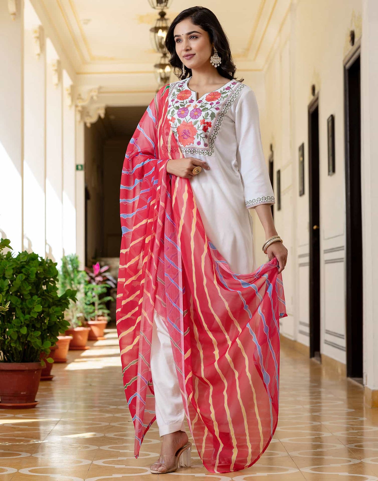 Cotton Embroidered Straight Kurta with Pant & Dupatta