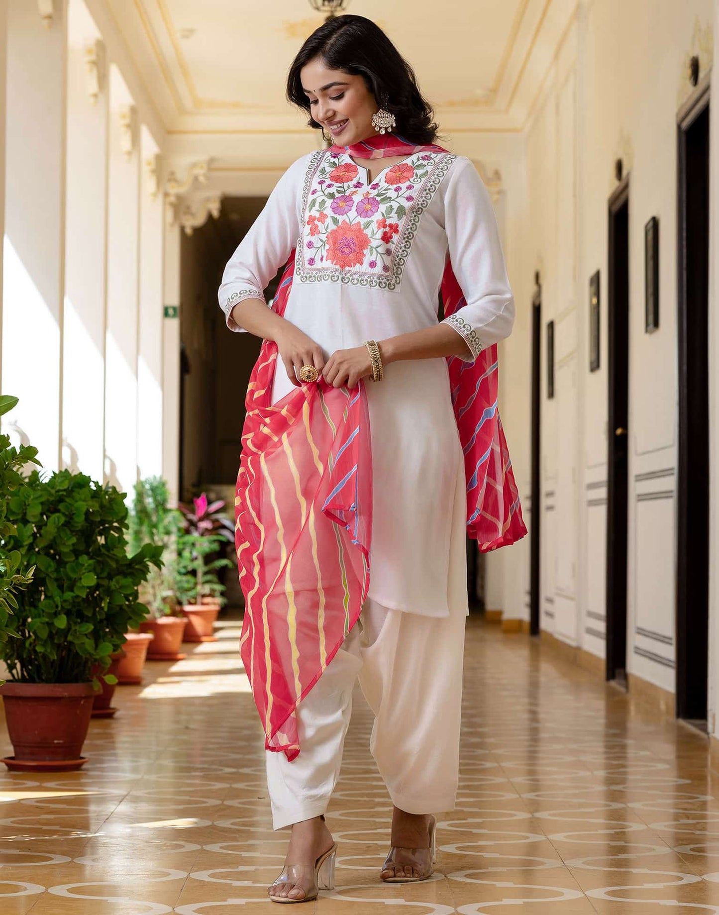 Cotton Embroidered Straight Kurta with Pant & Dupatta
