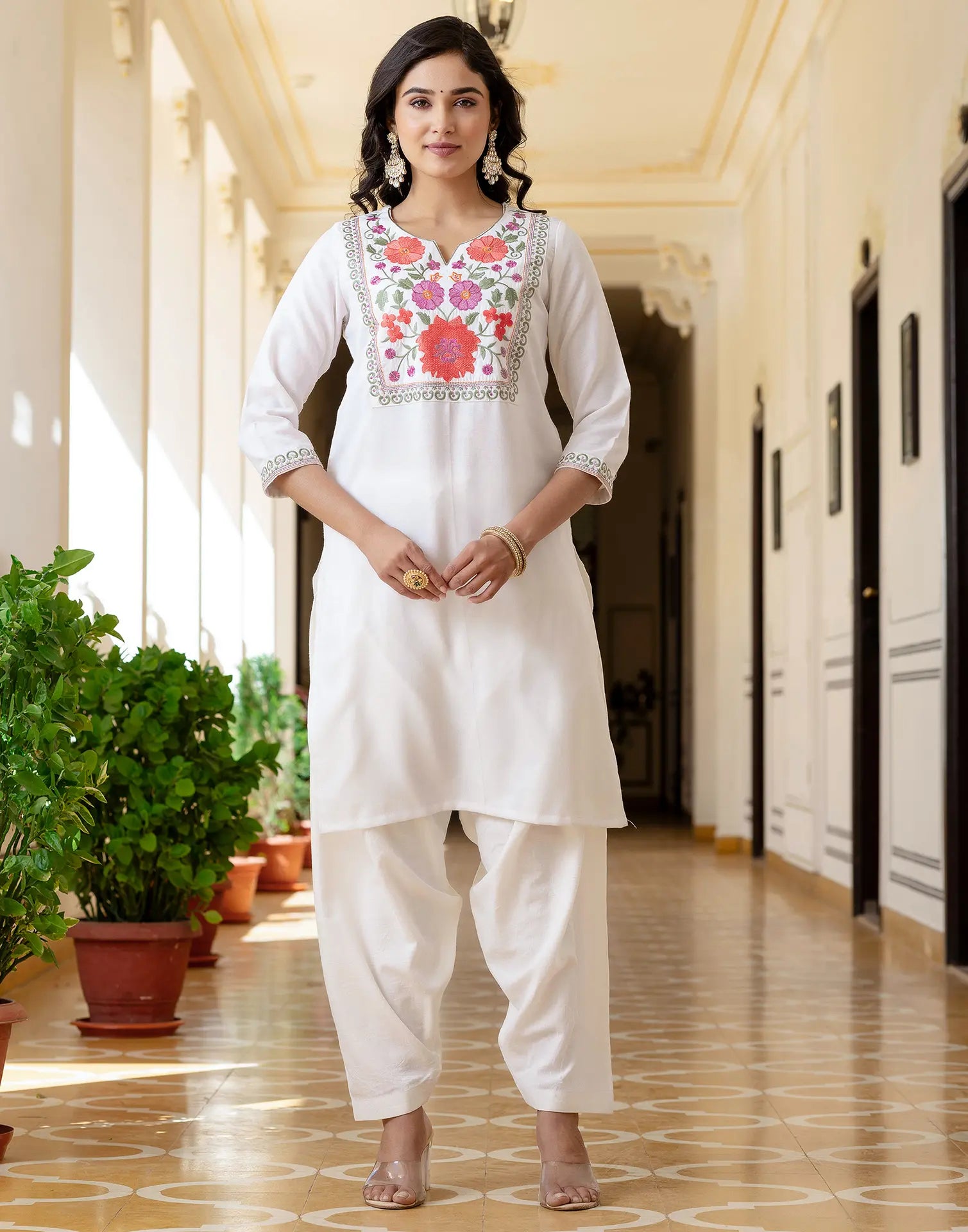 Cotton Blend Embroidered Straight 3 Piece Kurta Set