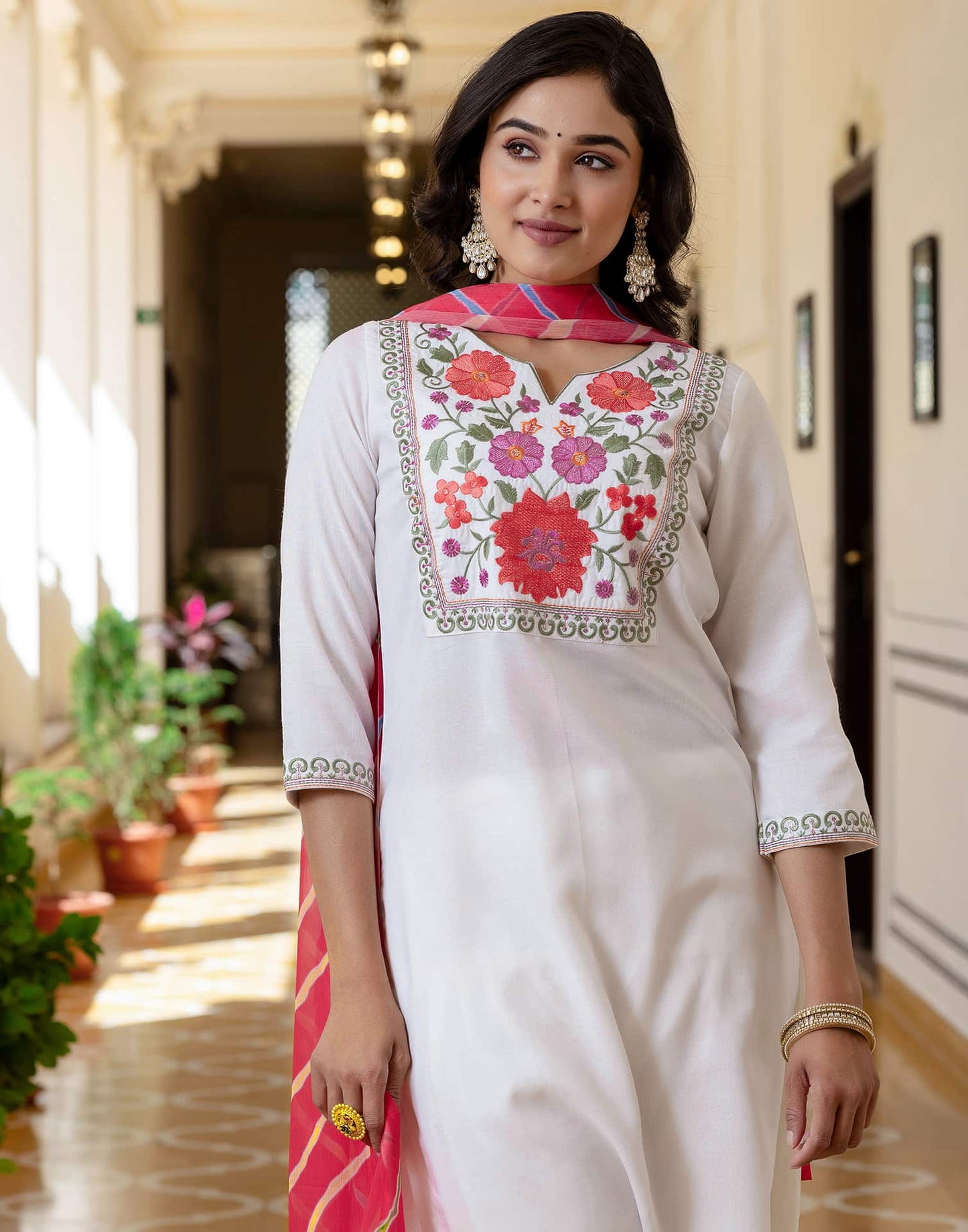 Cotton Embroidered Straight Kurta with Pant & Dupatta