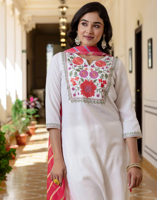 Cotton Embroidered Straight Kurta with Pant & Dupatta