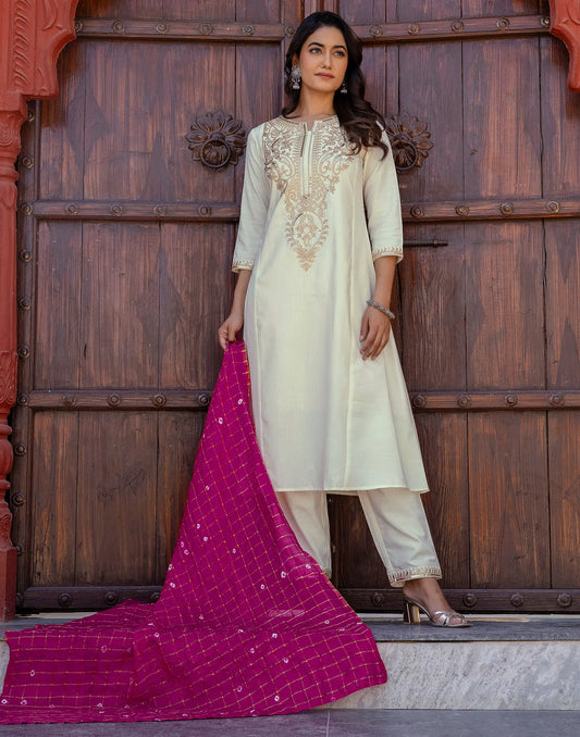 Viscose Rayon Embroidered A-Line 3 Piece Kurta Set