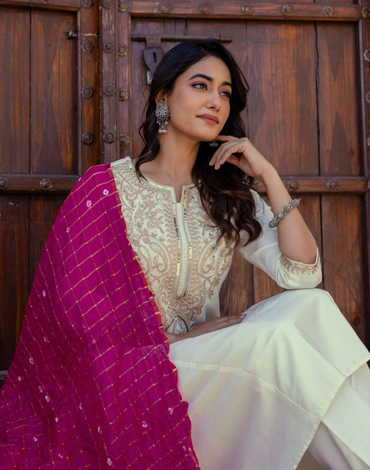 Cotton Blend Sequence, Embroidery Work and Lace Straight Kurta with Pant & Dupatta