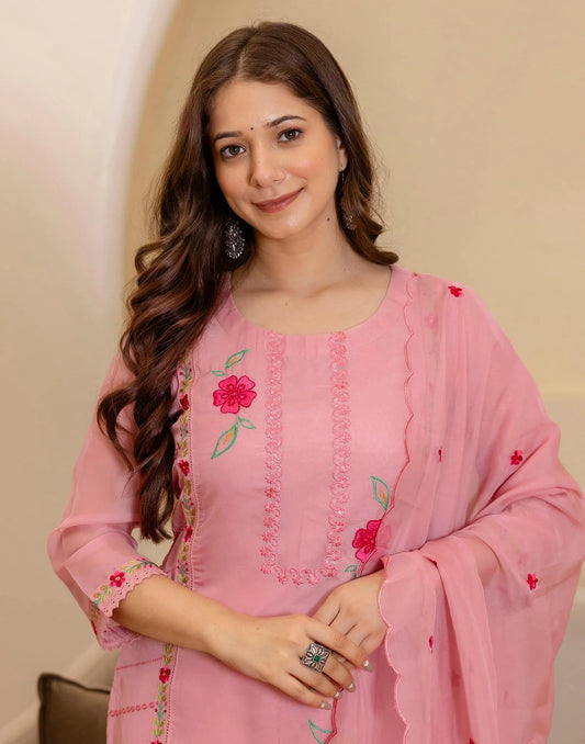 Skylee Silk Embroidered Straight Kurta with Pant & Dupatta for Women