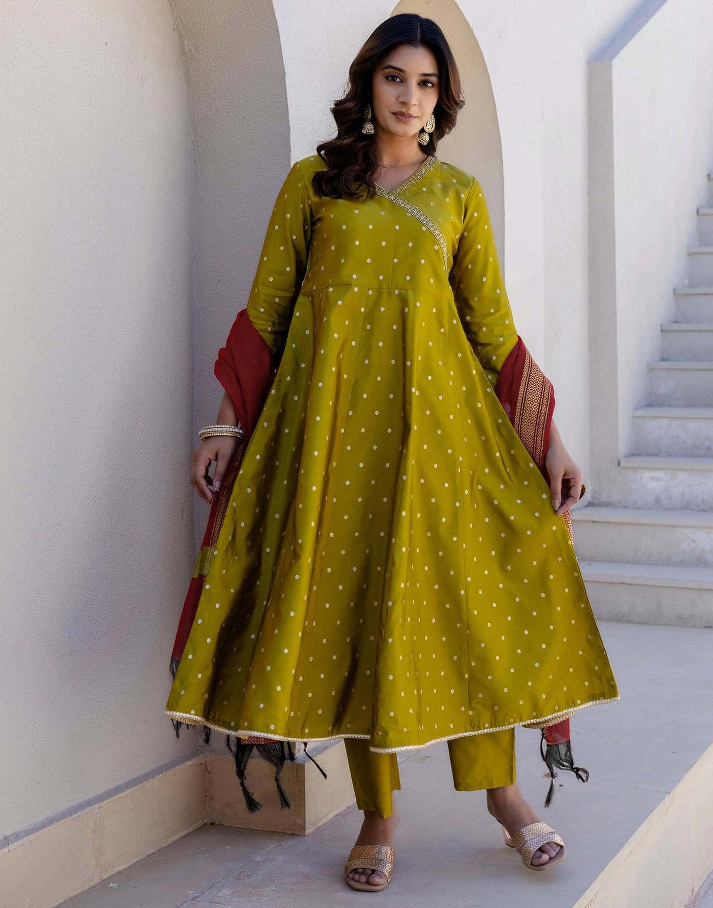 Silk Weaving, Embroidery Lace Anarkali Kurta with Pant & Dupatta