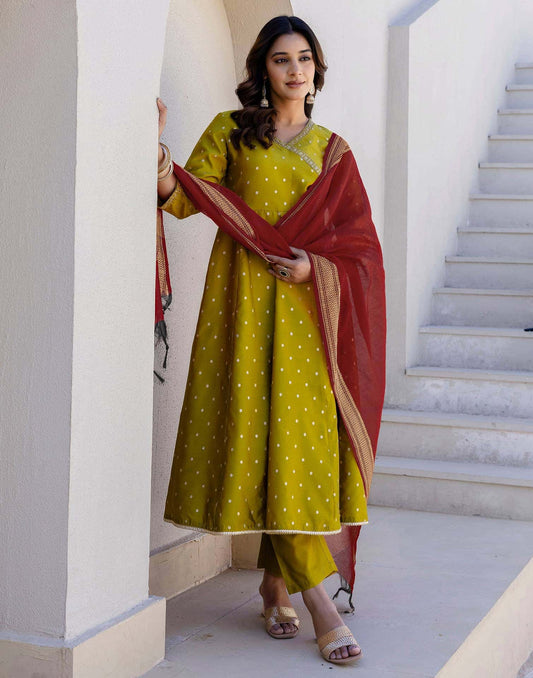 Silk Weaving, Embroidery Lace Anarkali Kurta with Pant & Dupatta