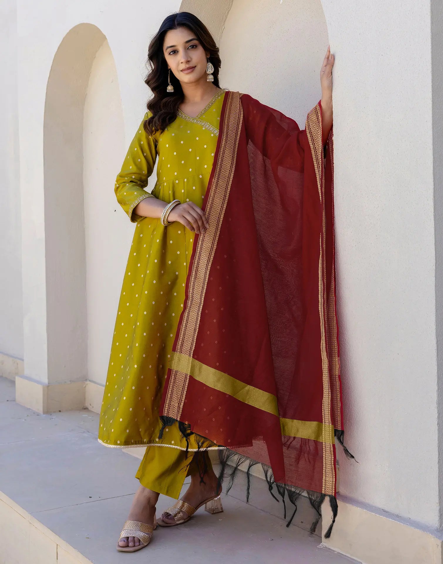 Taffeta Butti Woven Anarkali 3 Piece Kurta Set