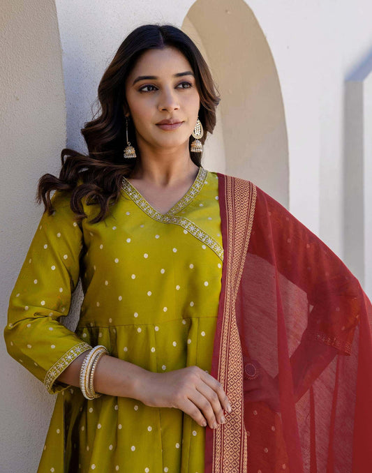 Silk Weaving, Embroidery Lace Anarkali Kurta with Pant & Dupatta