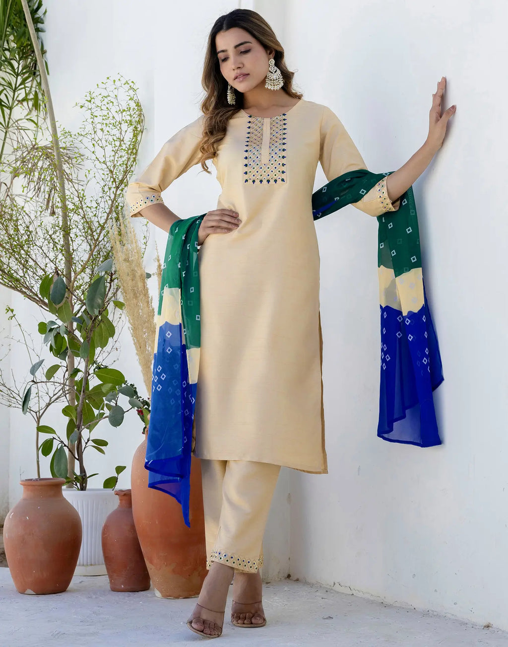 Silk Blend Embroidered Straight 3 Piece Kurta Set