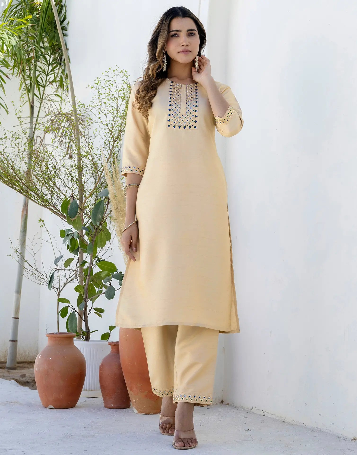 Silk Blend Embroidered Straight 3 Piece Kurta Set