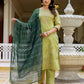 Silk Blend Sequins Work, Embroidery and Embroidery Lace, Printed and Foil Printed Straight Kurta with Pant & Dupatta