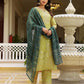 Silk Blend Sequins Work, Embroidery and Embroidery Lace, Printed and Foil Printed Straight Kurta with Pant & Dupatta