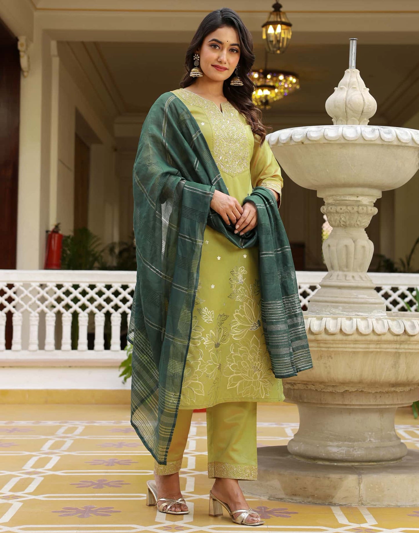 Silk Blend Sequins Work, Embroidery and Embroidery Lace, Printed and Foil Printed Straight Kurta with Pant & Dupatta