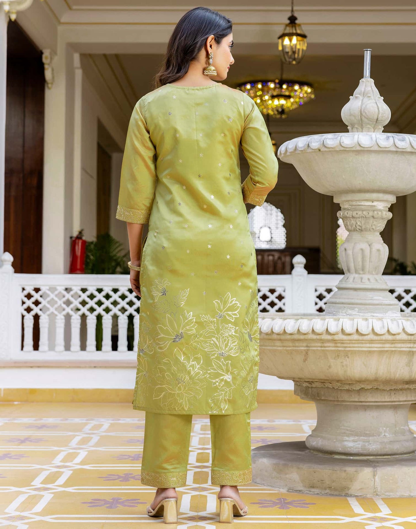 Silk Blend Sequins Work, Embroidery and Embroidery Lace, Printed and Foil Printed Straight Kurta with Pant & Dupatta