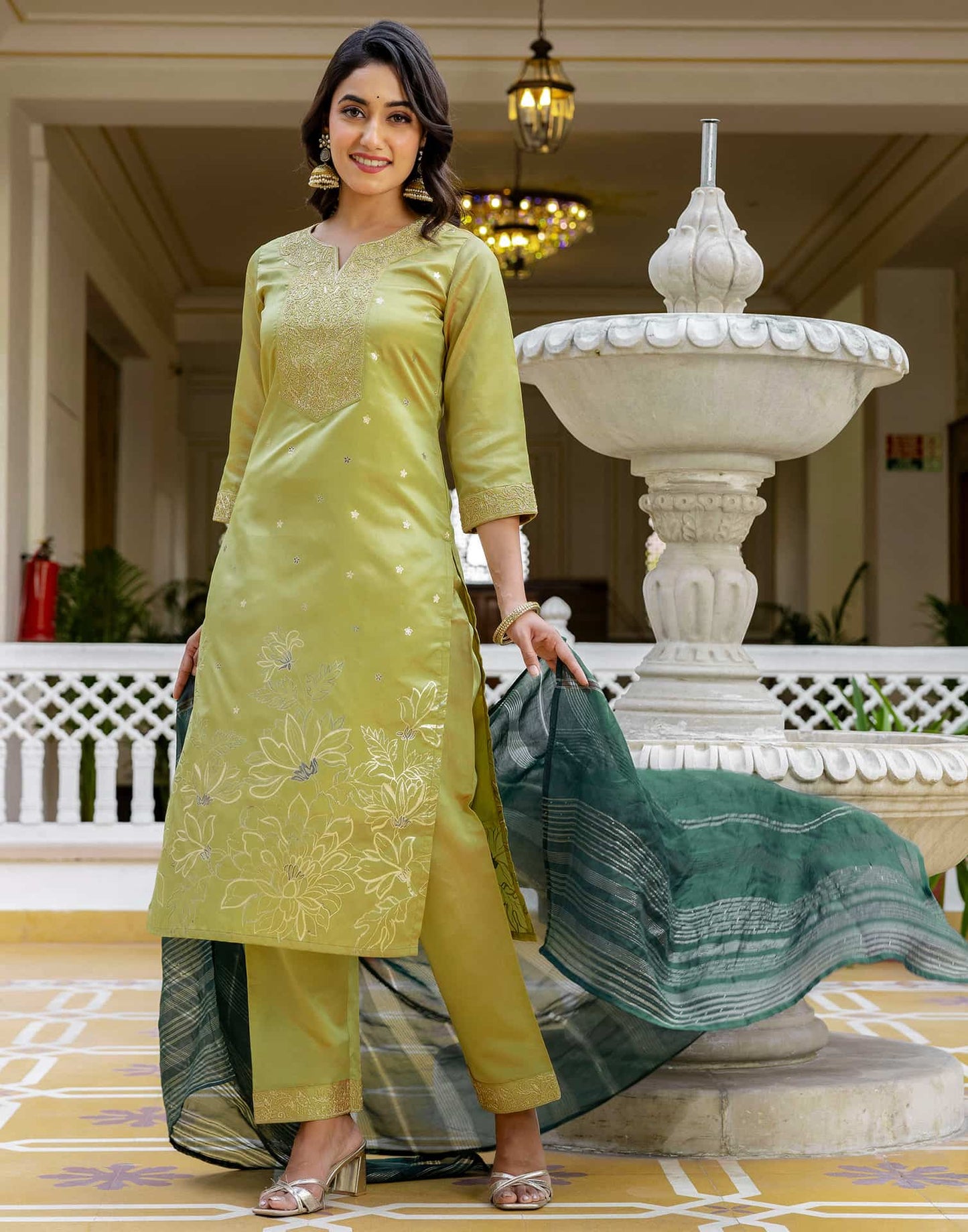 Silk Blend Sequins Work, Embroidery and Embroidery Lace, Printed and Foil Printed Straight Kurta with Pant & Dupatta