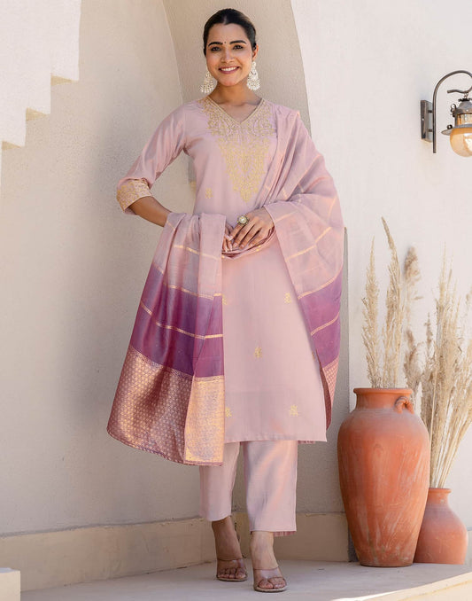 Silk Embroidered Straight Kurta with Pant & Dupatta