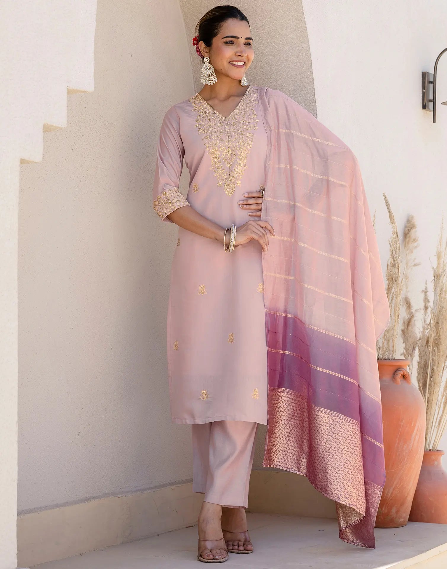 Silk Blend Embroidered Straight 3 Piece Kurta Set
