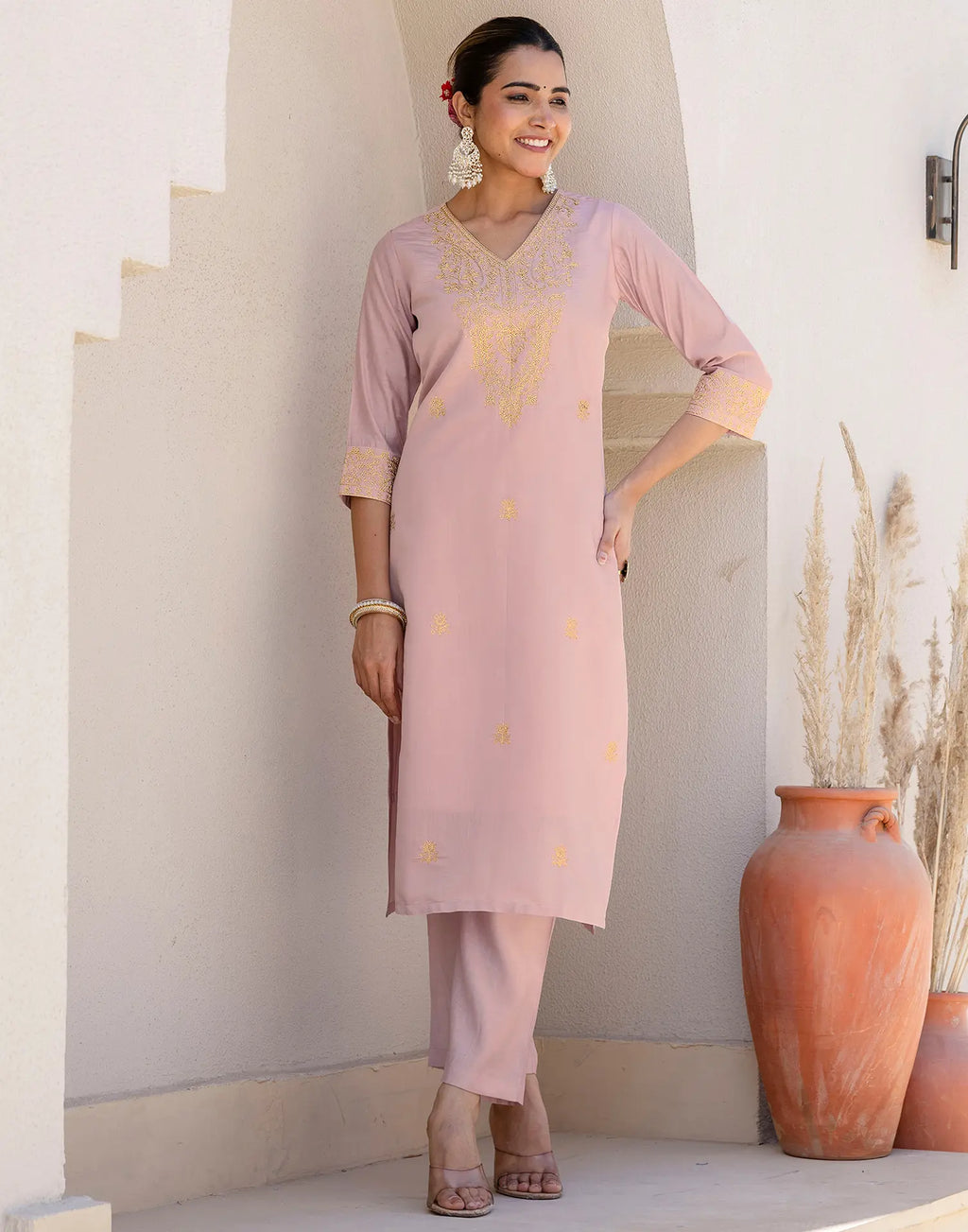 Silk Blend Embroidered Straight 3 Piece Kurta Set