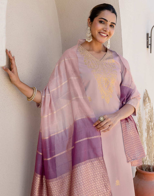 Silk Embroidered Straight Kurta with Pant & Dupatta