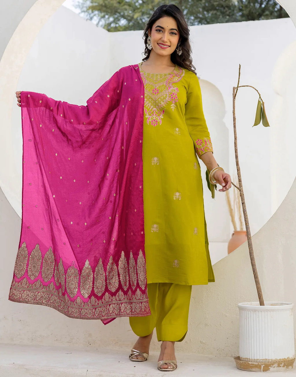 Silk Blend Embroidered Straight 3 Piece Kurta Set