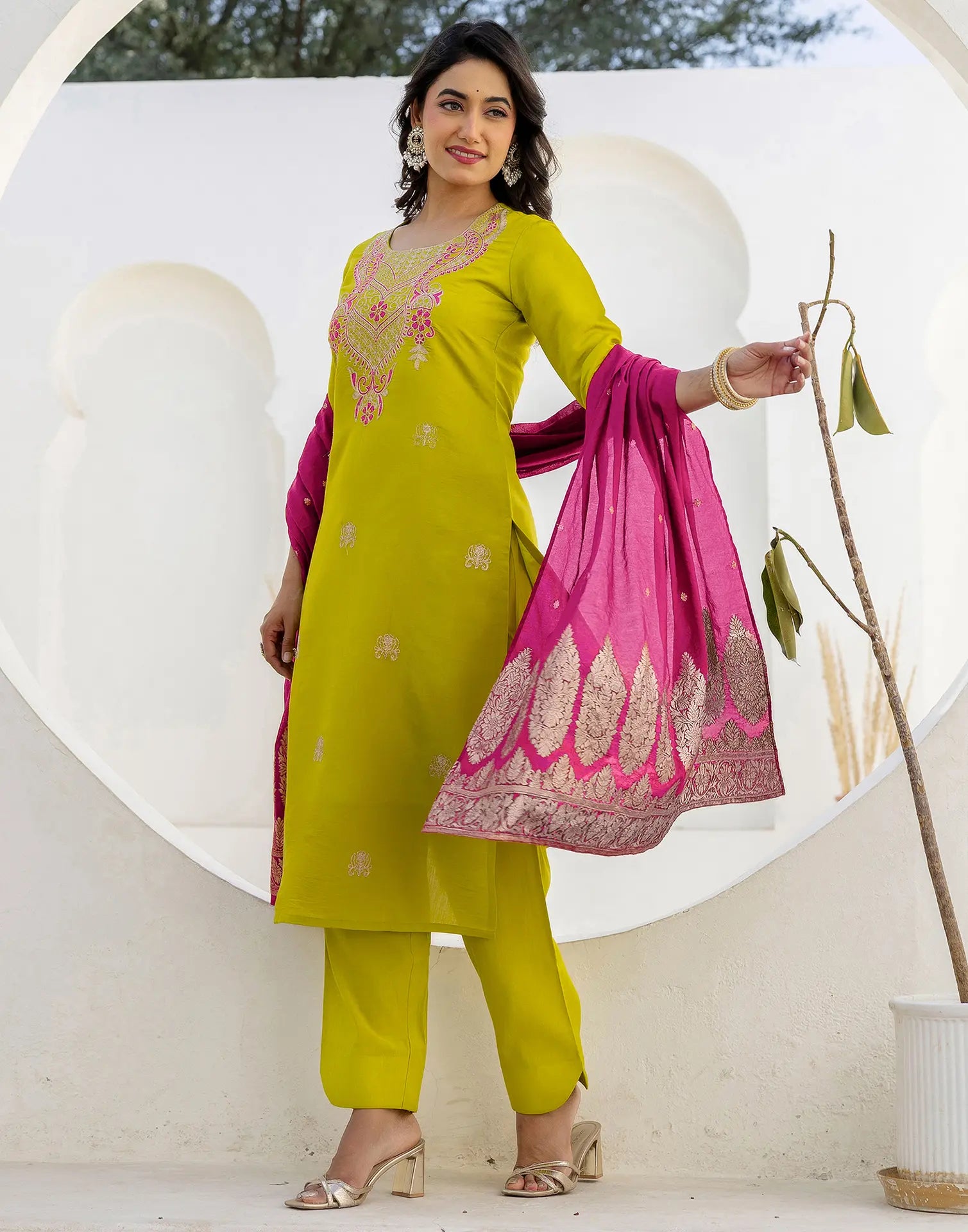 Silk Blend Embroidered Straight 3 Piece Kurta Set