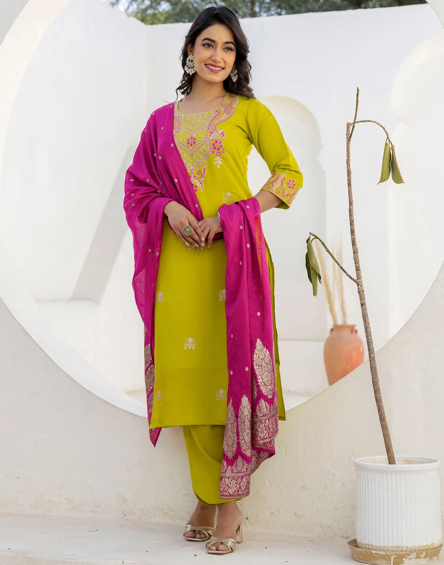 Silk Blend Embroidered Straight 3 Piece Kurta Set