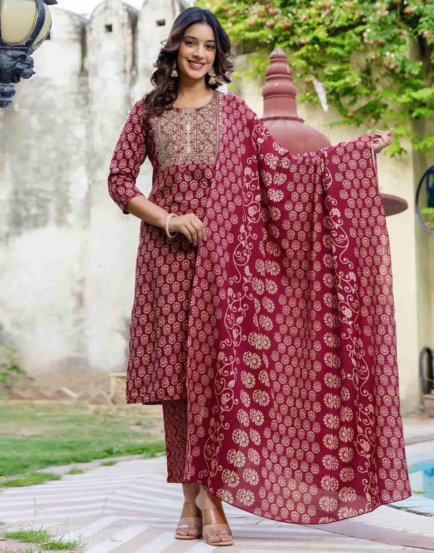 Cotton Printed Straight Kurta with Pant & Dupatta