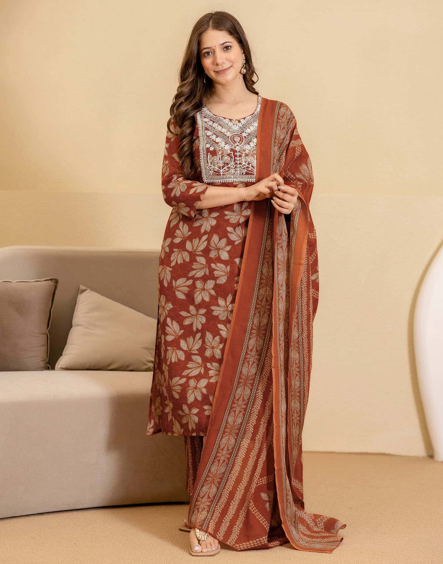 Cotton Printed Straight Kurta with Pant & Dupatta