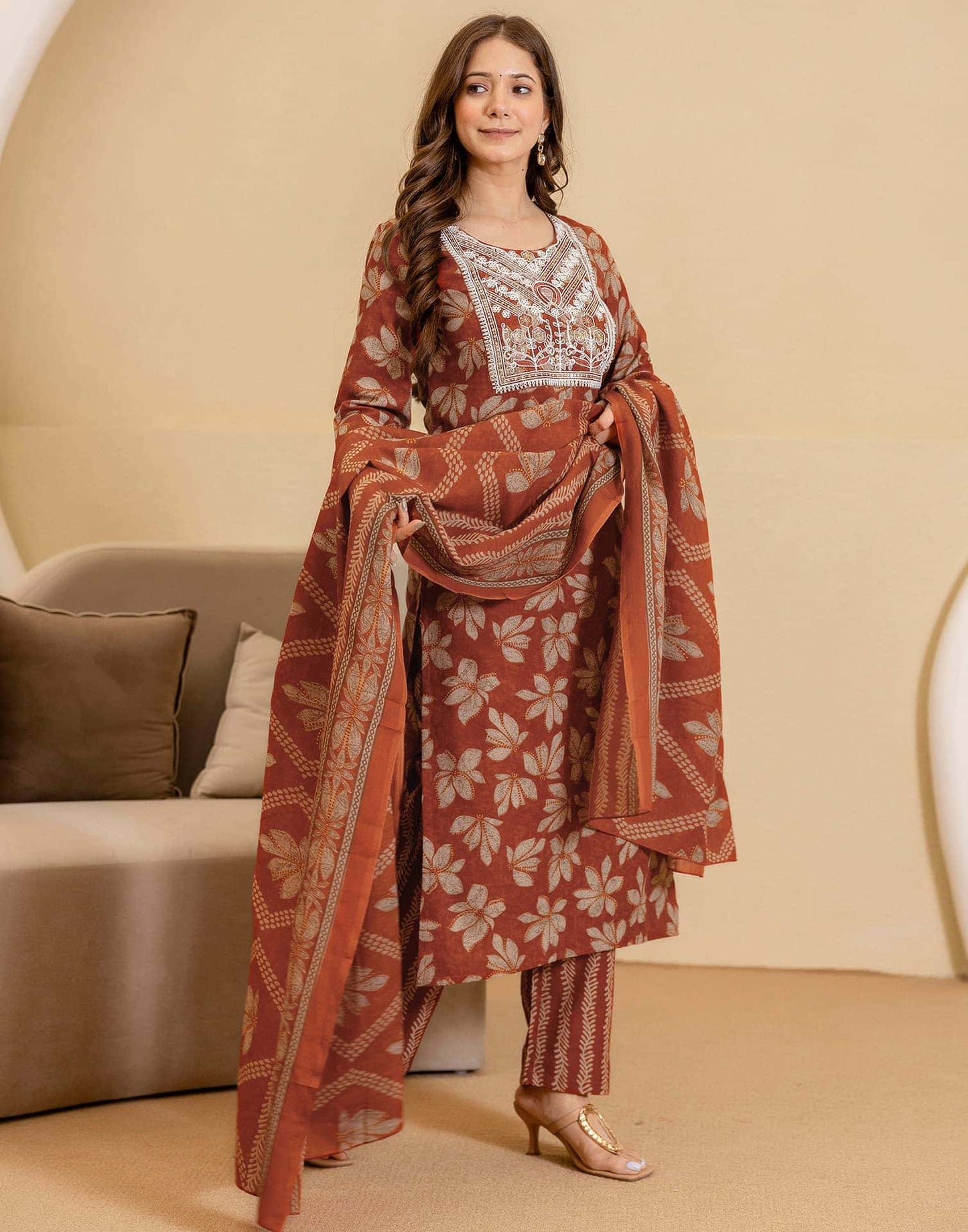 Cotton Printed Straight Kurta with Pant & Dupatta