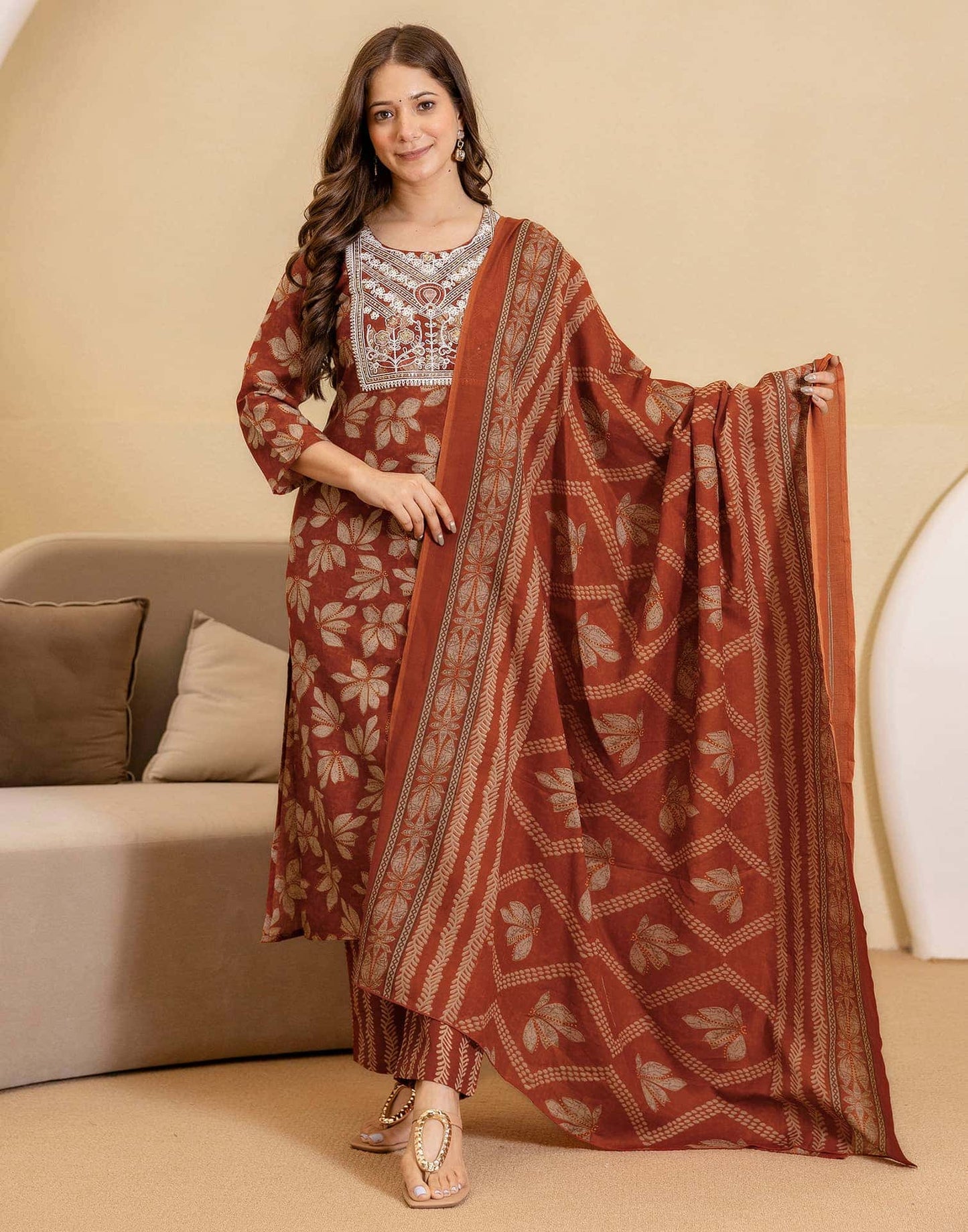 Cotton Printed Straight Kurta with Pant & Dupatta