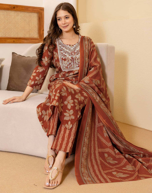 Cotton Printed Straight Kurta with Pant & Dupatta