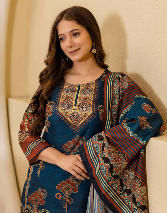 Cotton Printed Straight Kurta with Pant & Dupatta