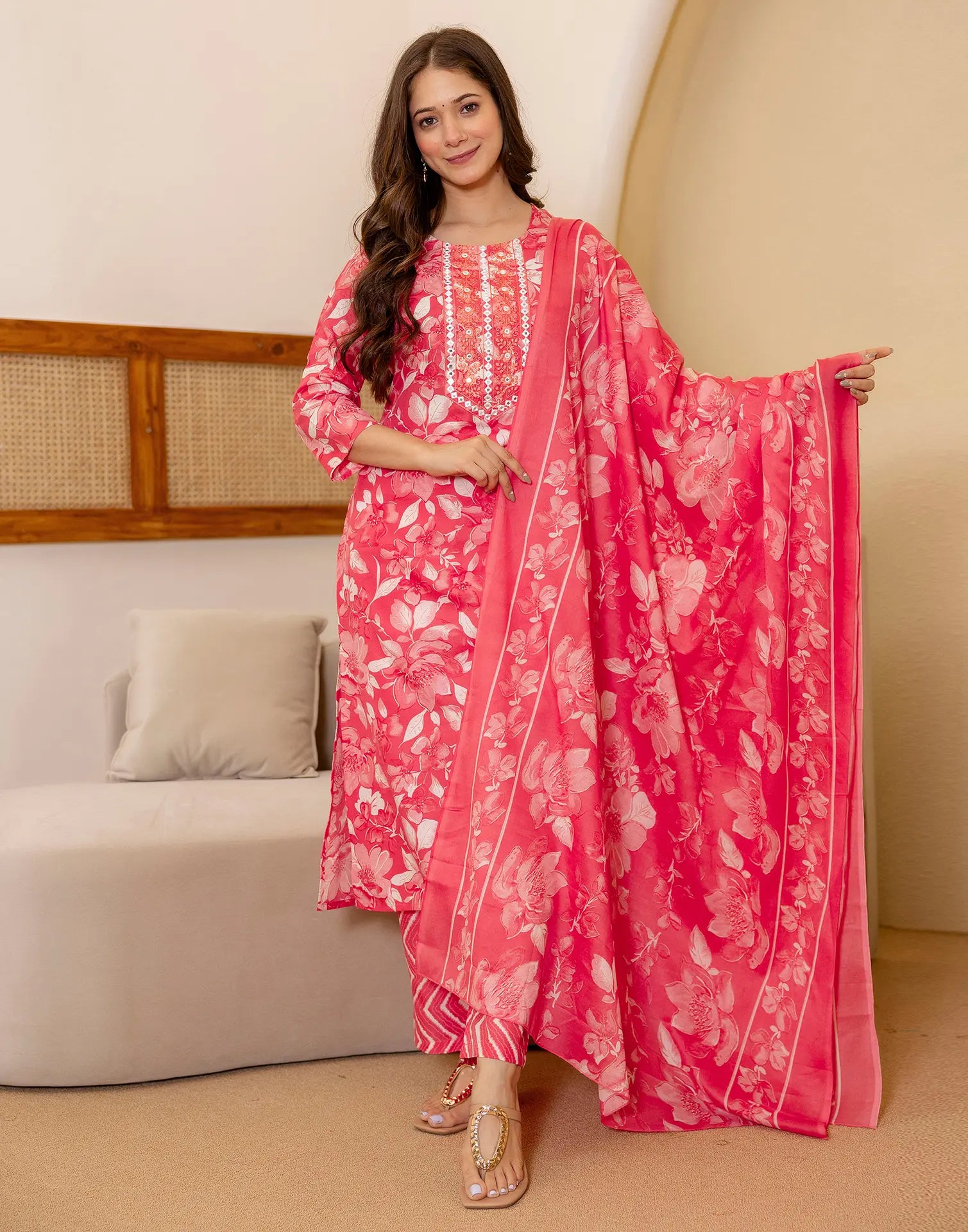 Viscose Rayon Floral Print Straight 3 Piece Kurta Set