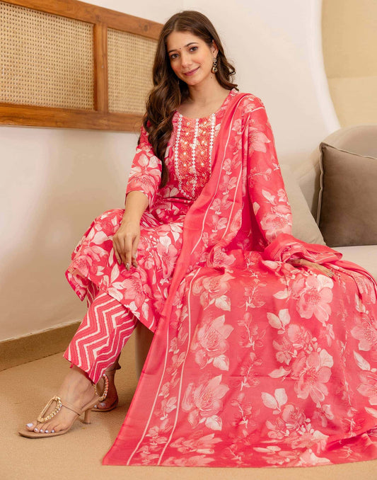 Cotton Printed Straight Kurta with Pant & Dupatta