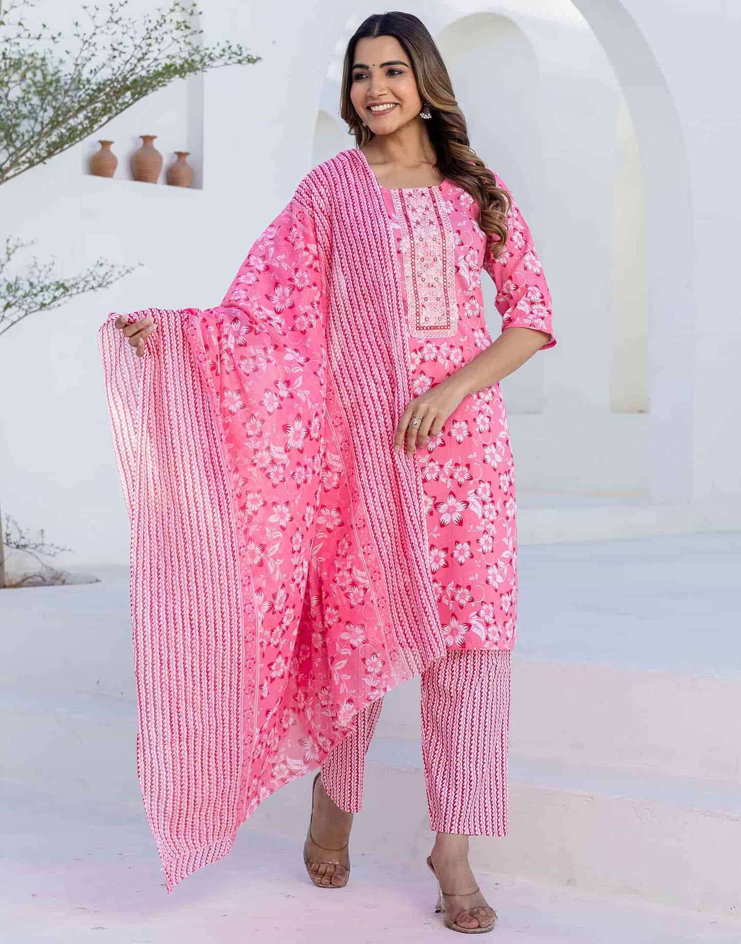 Cotton Printed, Embroidery and Mirror Work A-Line Kurta with Pant & Dupatta